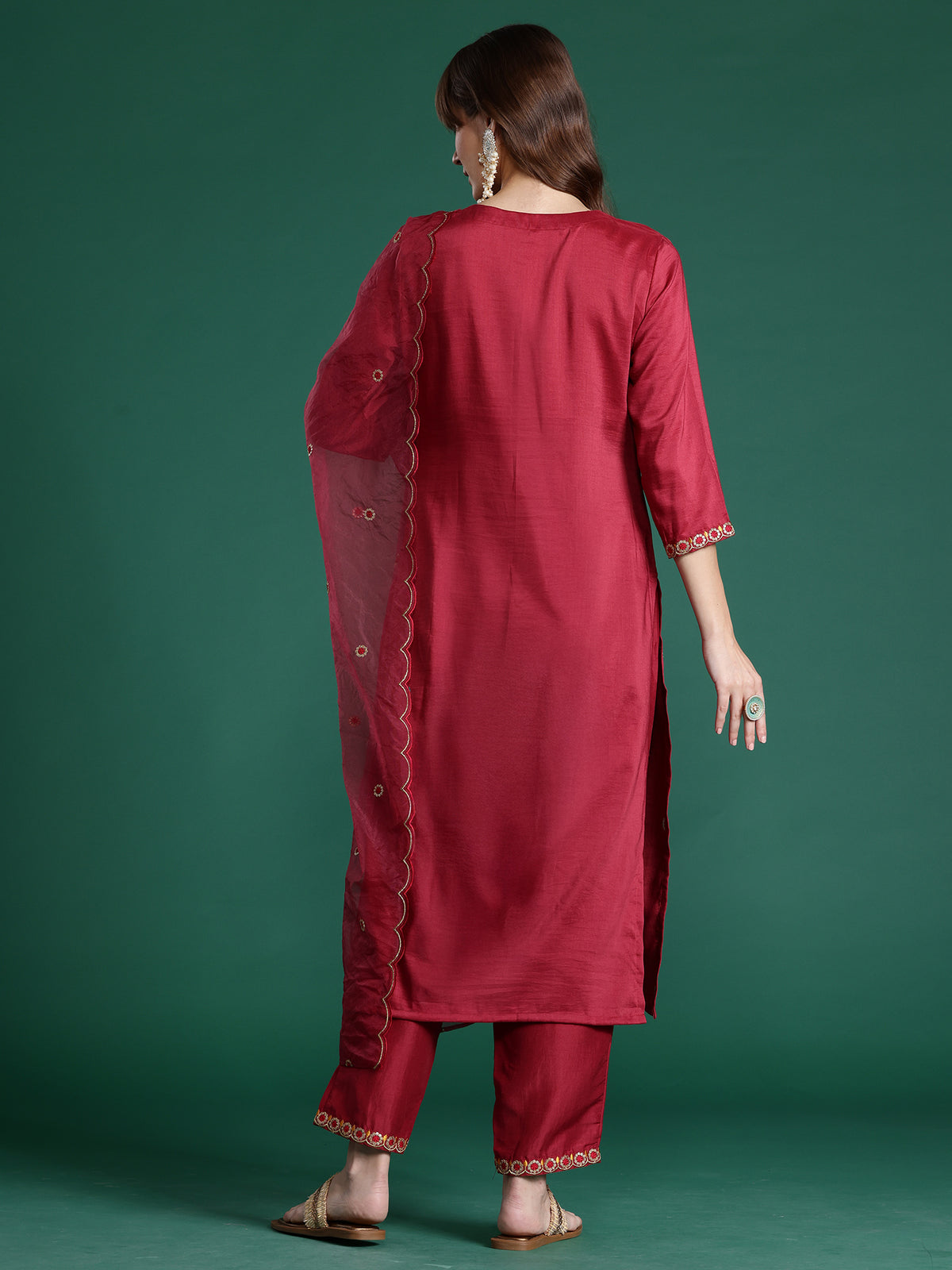 Pink Embroidered Straight Kurta Trousers With Dupatta Set-KH9PK10434