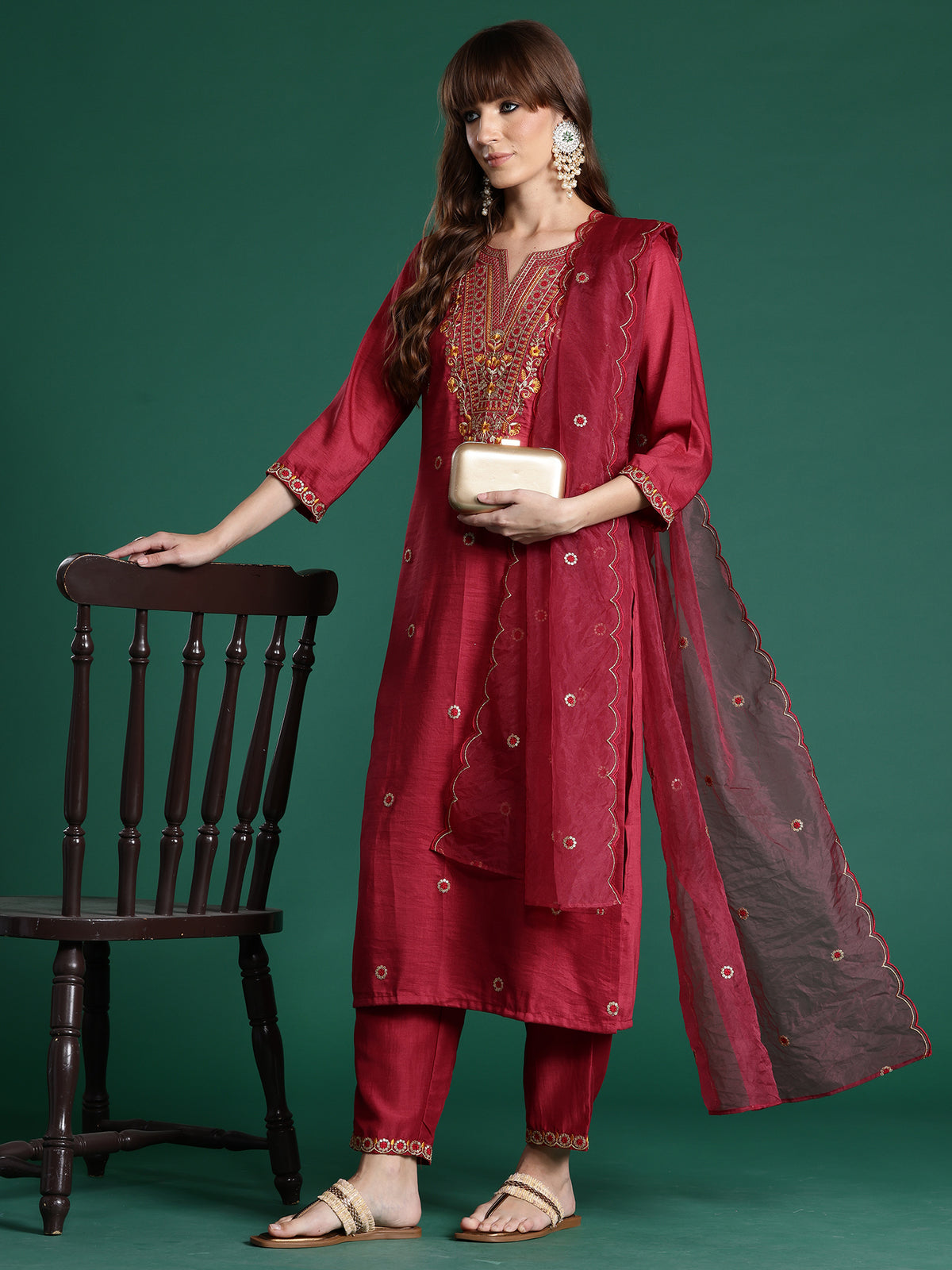 Pink Embroidered Straight Kurta Trousers With Dupatta Set-KH9PK10434