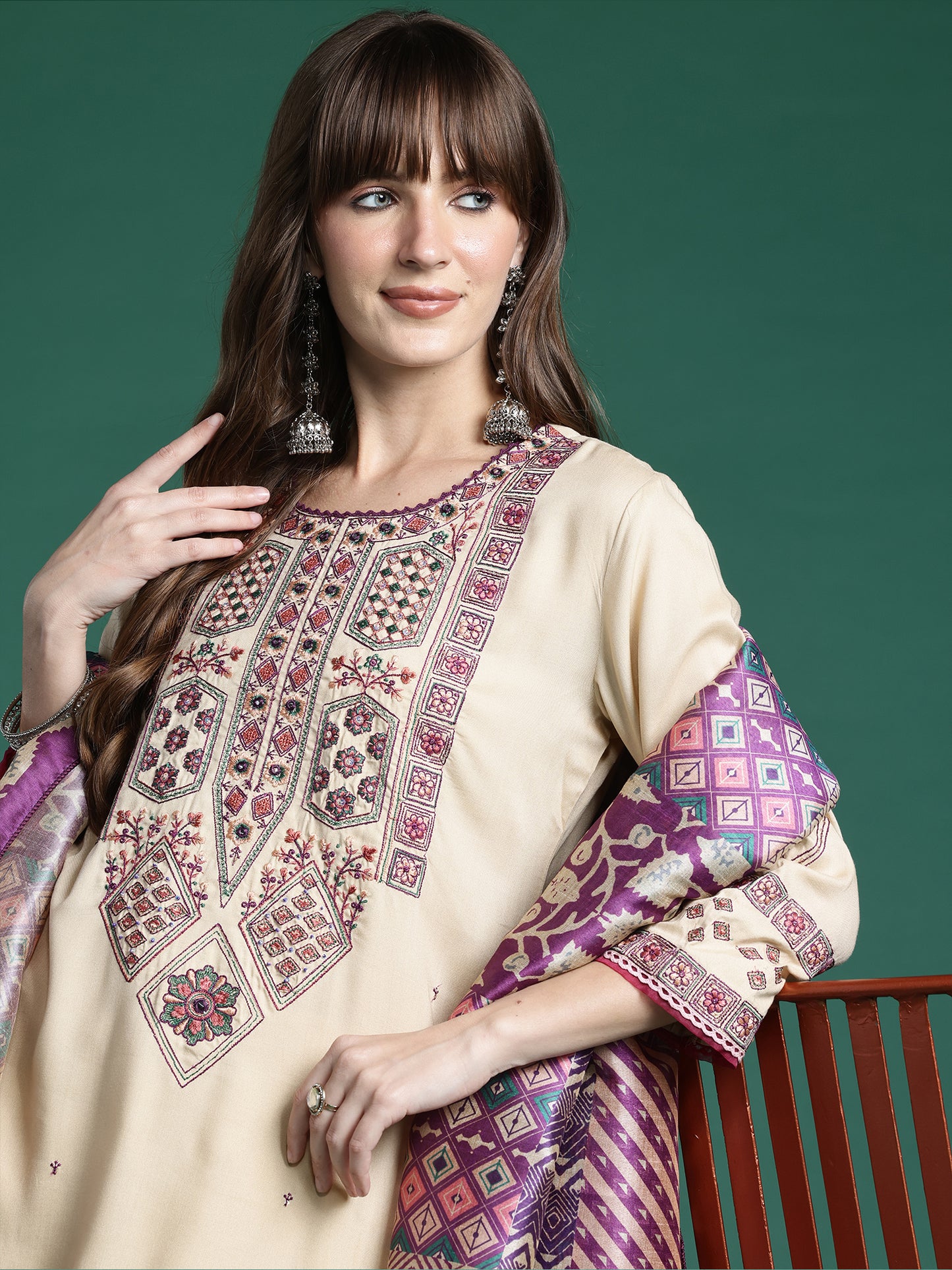 Beige Embroidered Straight Kurta Trousers With Dupatta Set