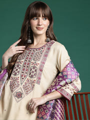 Beige Embroidered Straight Kurta Trousers With Dupatta Set