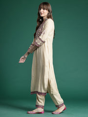 Beige Embroidered Straight Kurta Trousers With Dupatta Set
