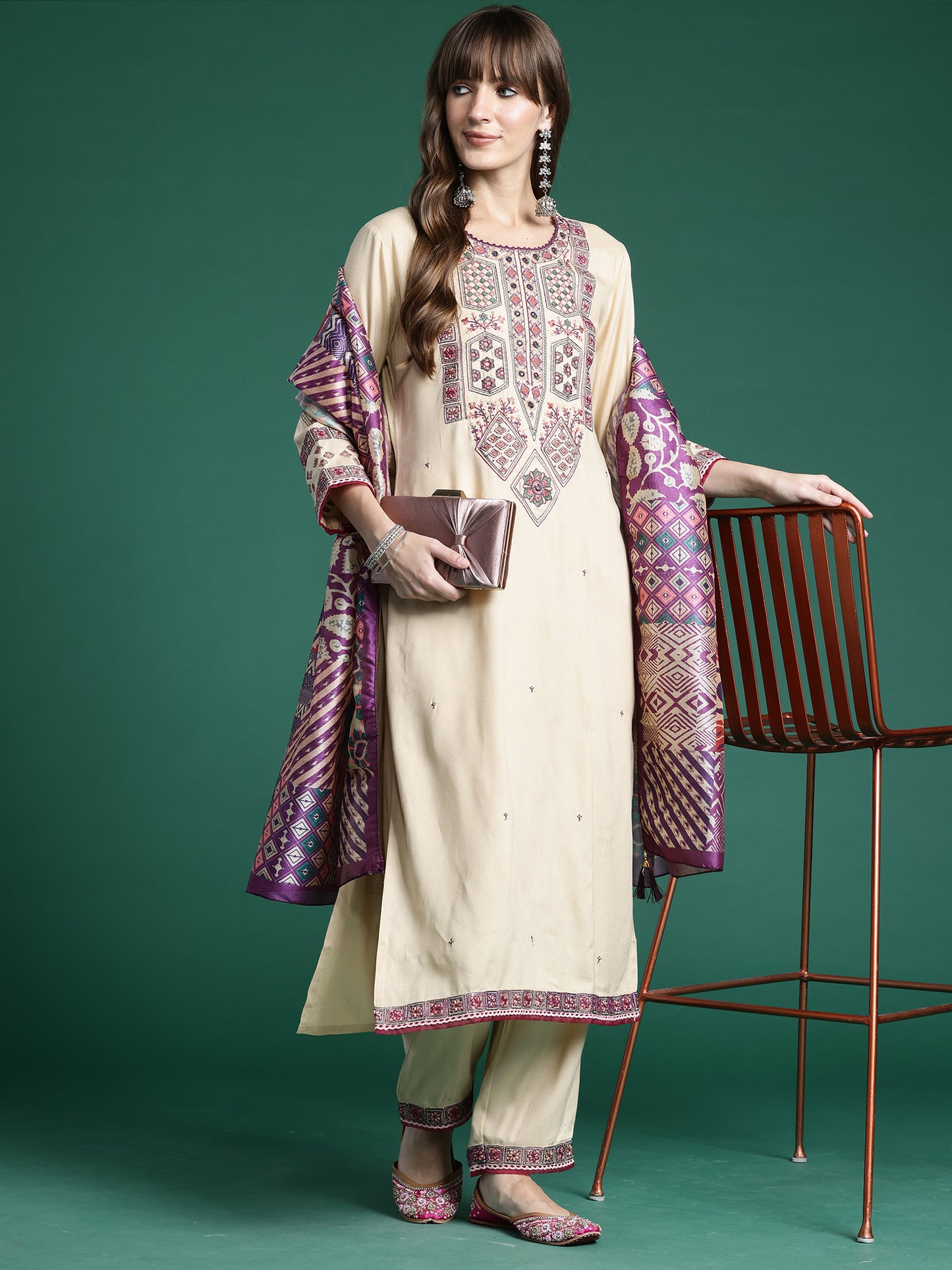 Beige Embroidered Straight Kurta Trousers With Dupatta Set
