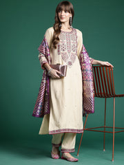 Beige Embroidered Straight Kurta Trousers With Dupatta Set