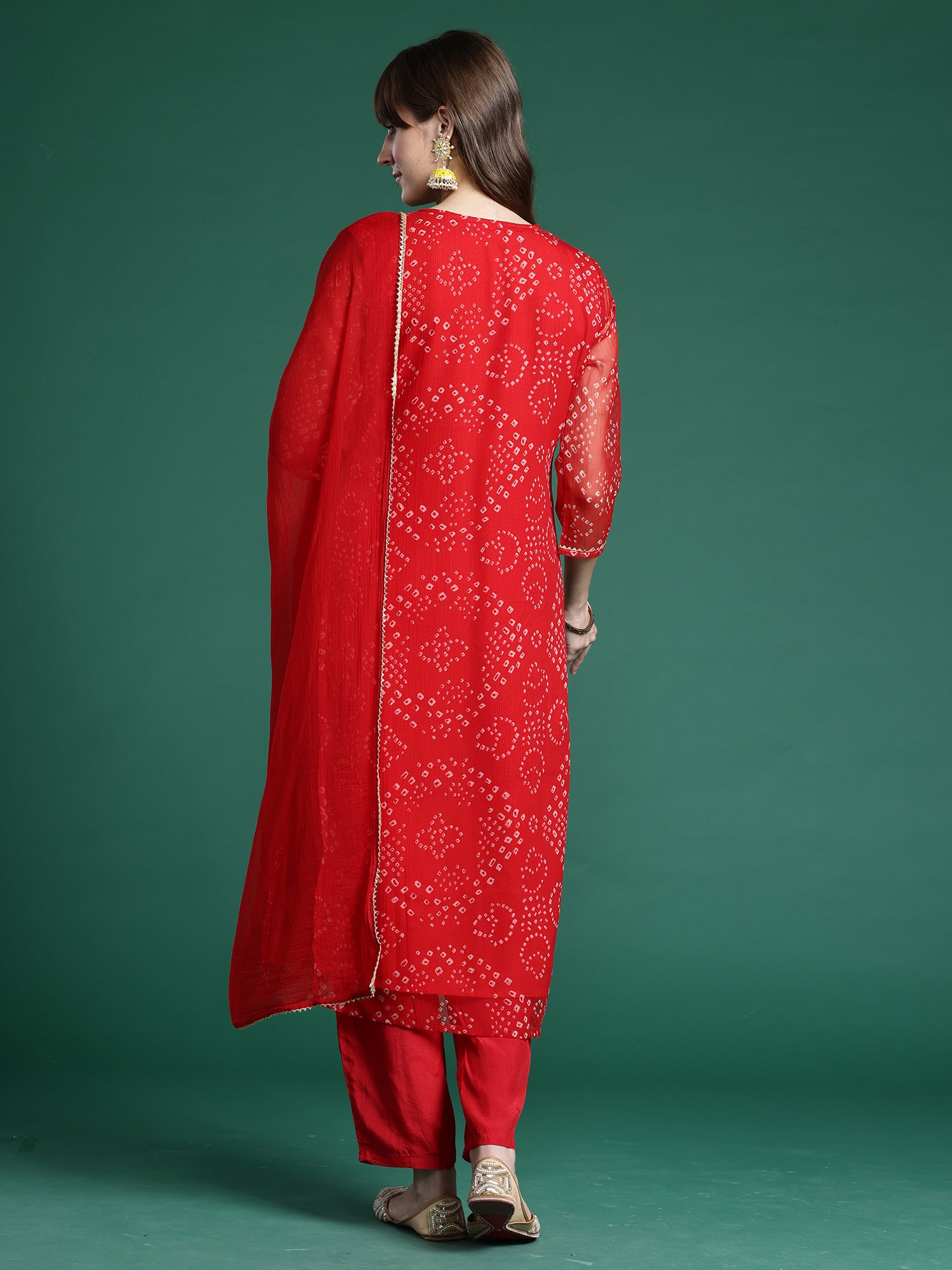 Red Embroidered Straight Kurta Trousers With Dupatta Set
