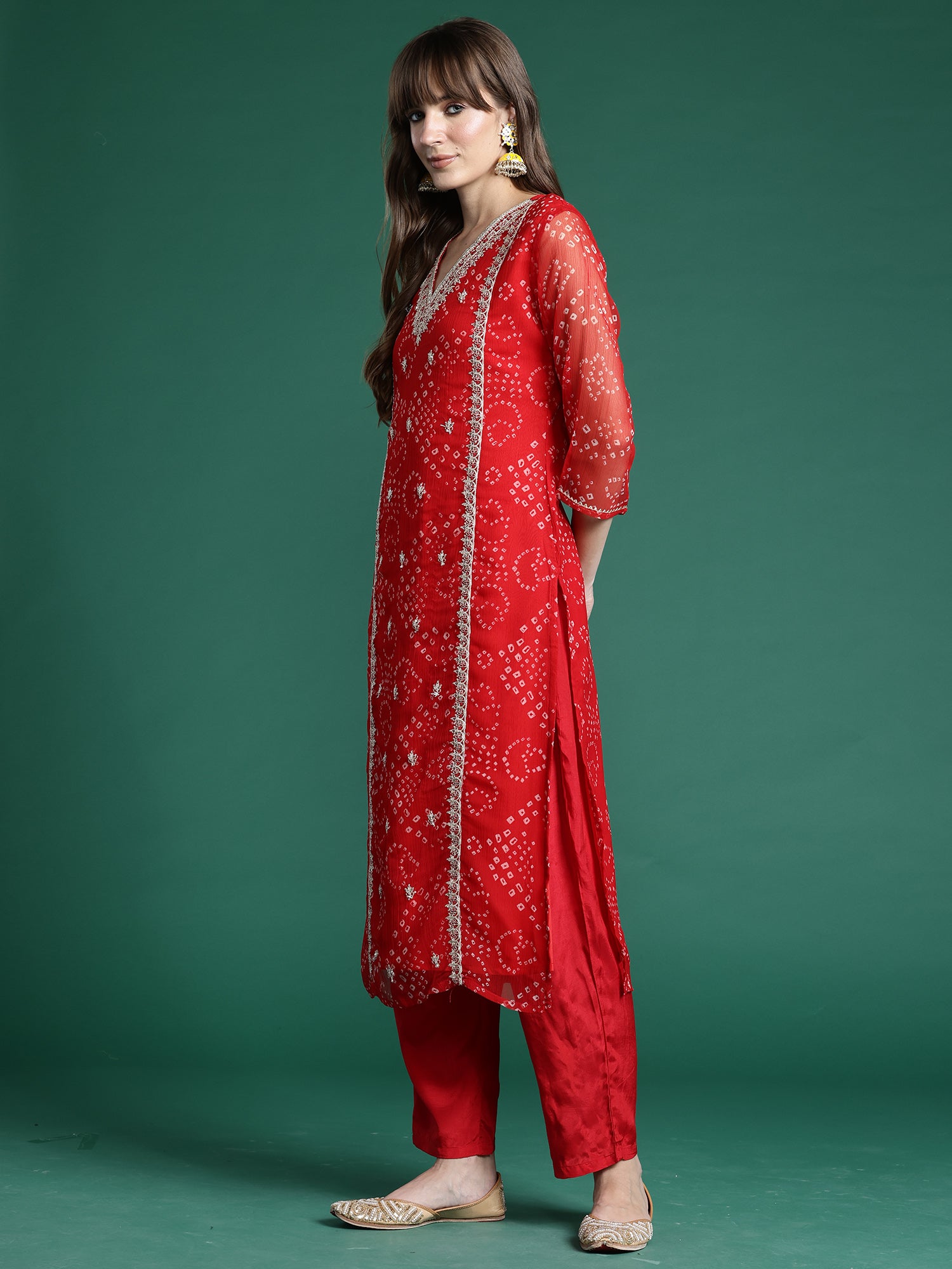 Red Embroidered Straight Kurta Trousers With Dupatta Set