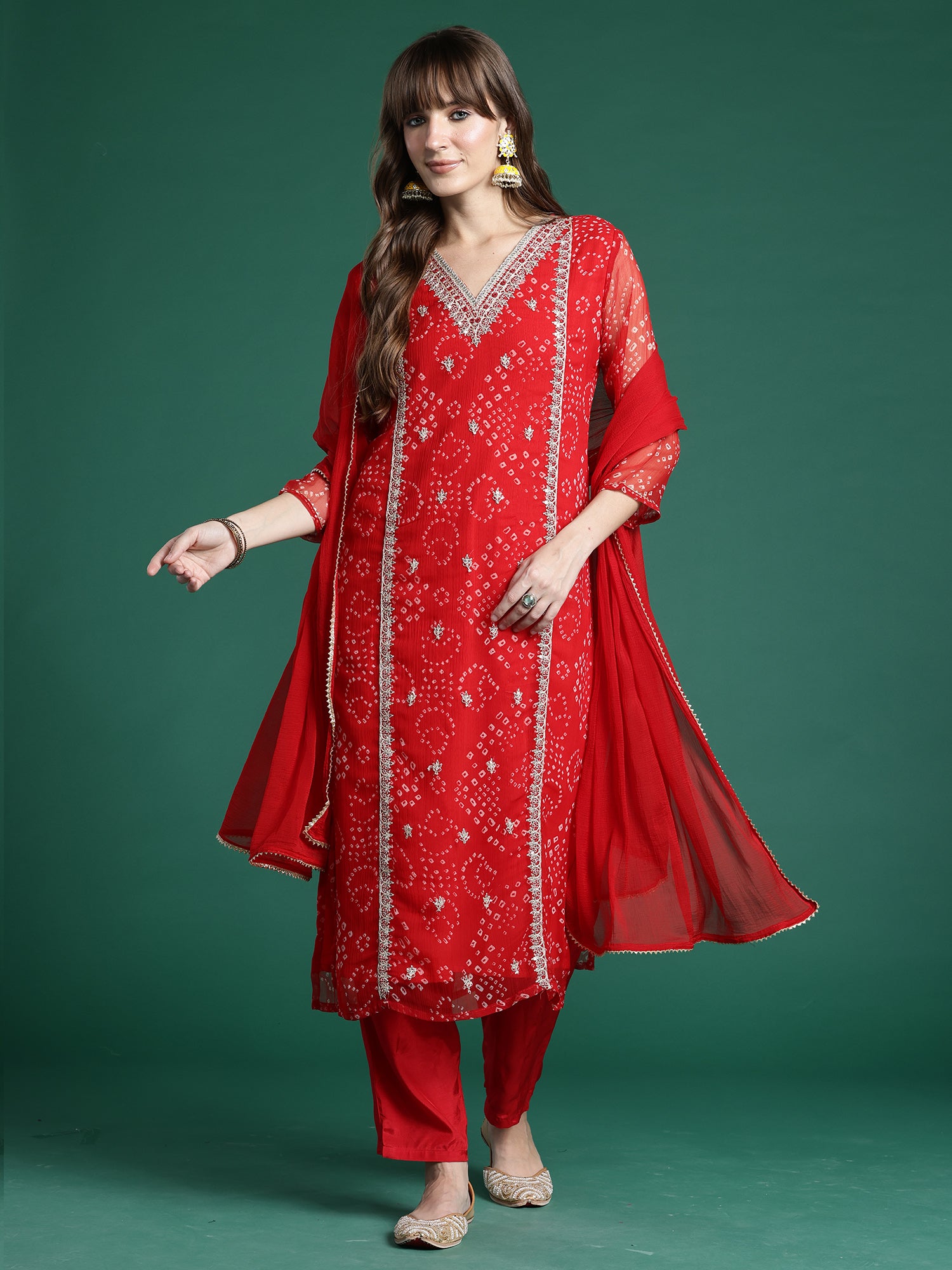 Red Embroidered Straight Kurta Trousers With Dupatta Set
