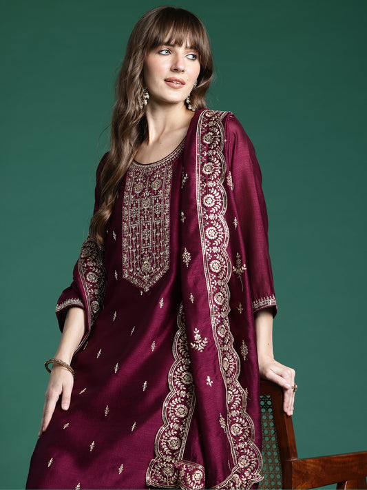 Yellow Embroidered Straight Kurta Trousers With Dupatta Set
