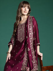 Yellow Embroidered Straight Kurta Trousers With Dupatta Set