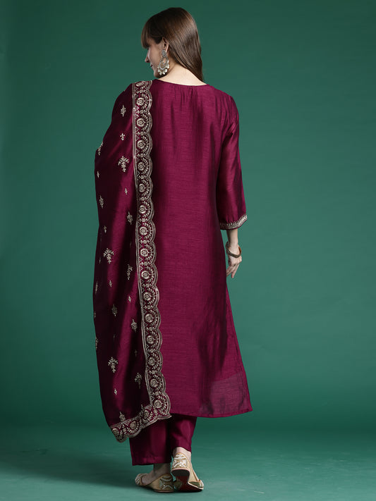 Yellow Embroidered Straight Kurta Trousers With Dupatta Set