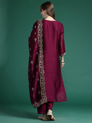 Yellow Embroidered Straight Kurta Trousers With Dupatta Set
