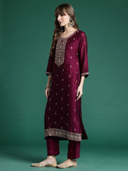 Yellow Embroidered Straight Kurta Trousers With Dupatta Set