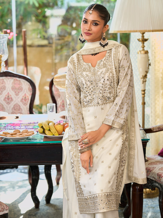 White Embroidered Straight Kurta Palazzos With Dupatta Set