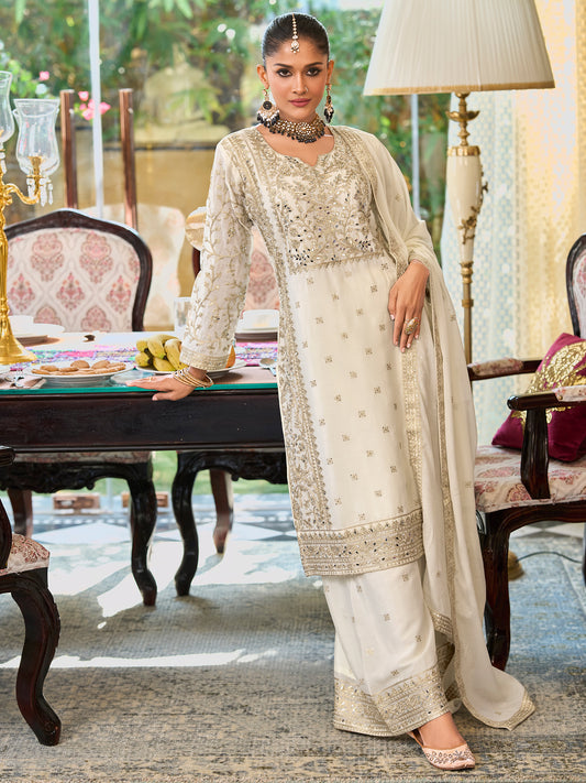 White Embroidered Straight Kurta Palazzos With Dupatta Set