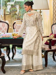 White Embroidered Straight Kurta Palazzos With Dupatta Set