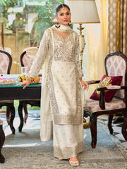 White Embroidered Straight Kurta Palazzos With Dupatta Set