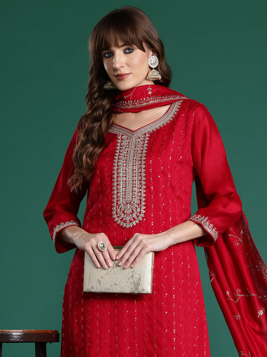 Mustard Solid Straight Kurta Trousers With Dupatta set
