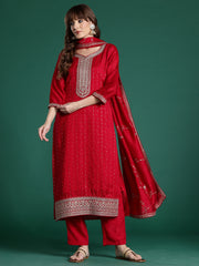 Mustard Solid Straight Kurta Trousers With Dupatta set