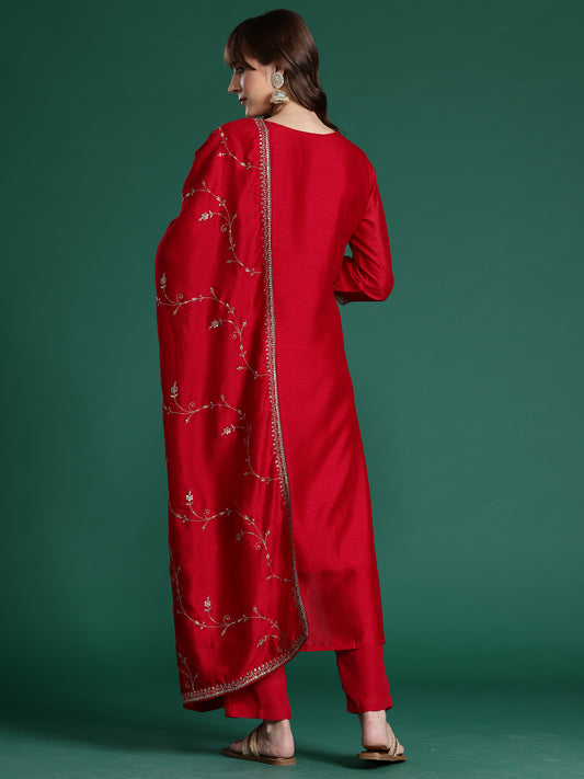 Mustard Solid Straight Kurta Trousers With Dupatta set