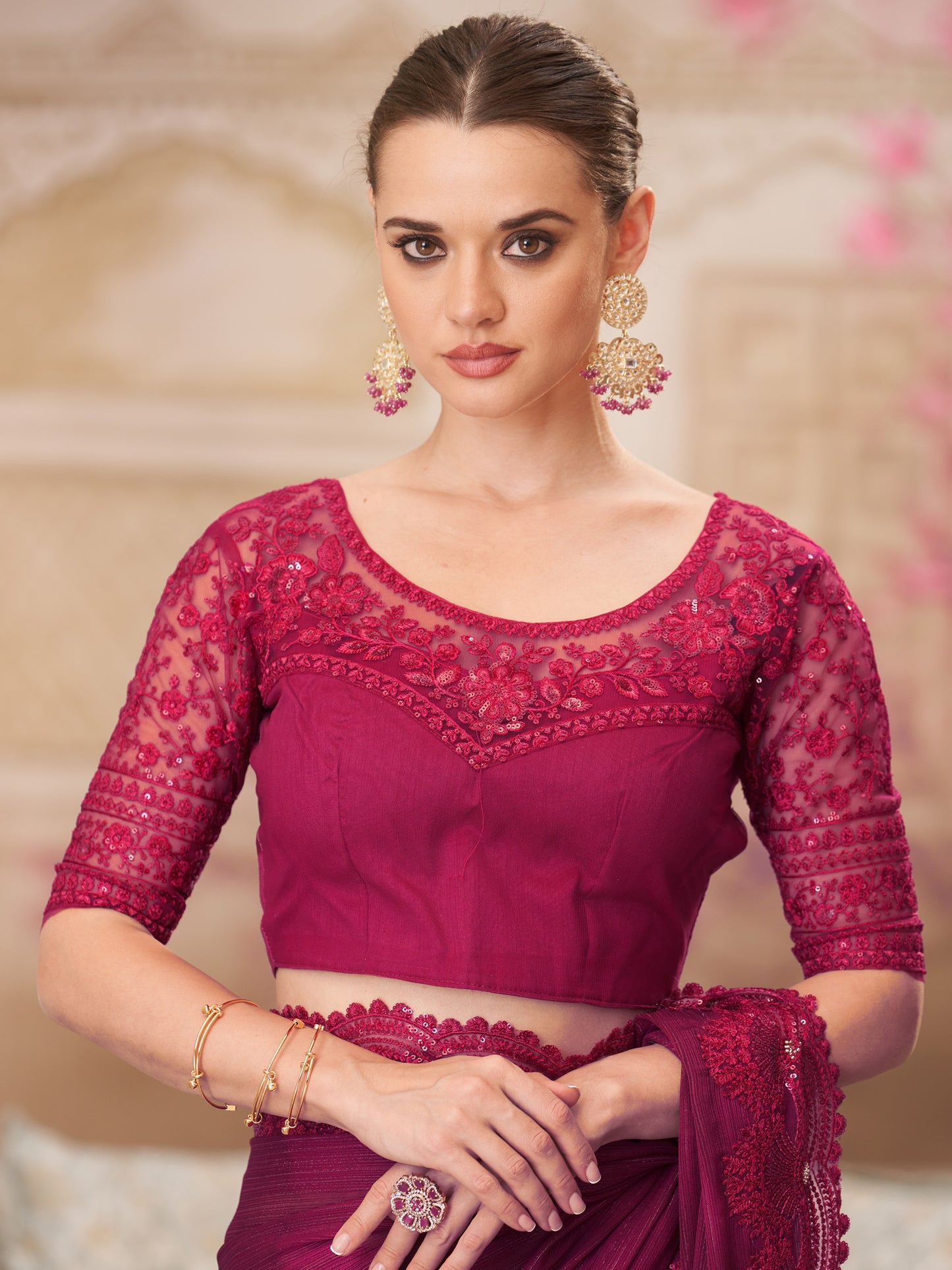 Women's Satin Silk Pink Embellished Designer Saree With Blouse Piece