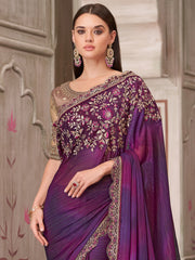 Naari - Women's Pure Georgette Purple Embellished Designer Saree With Blouse Piece