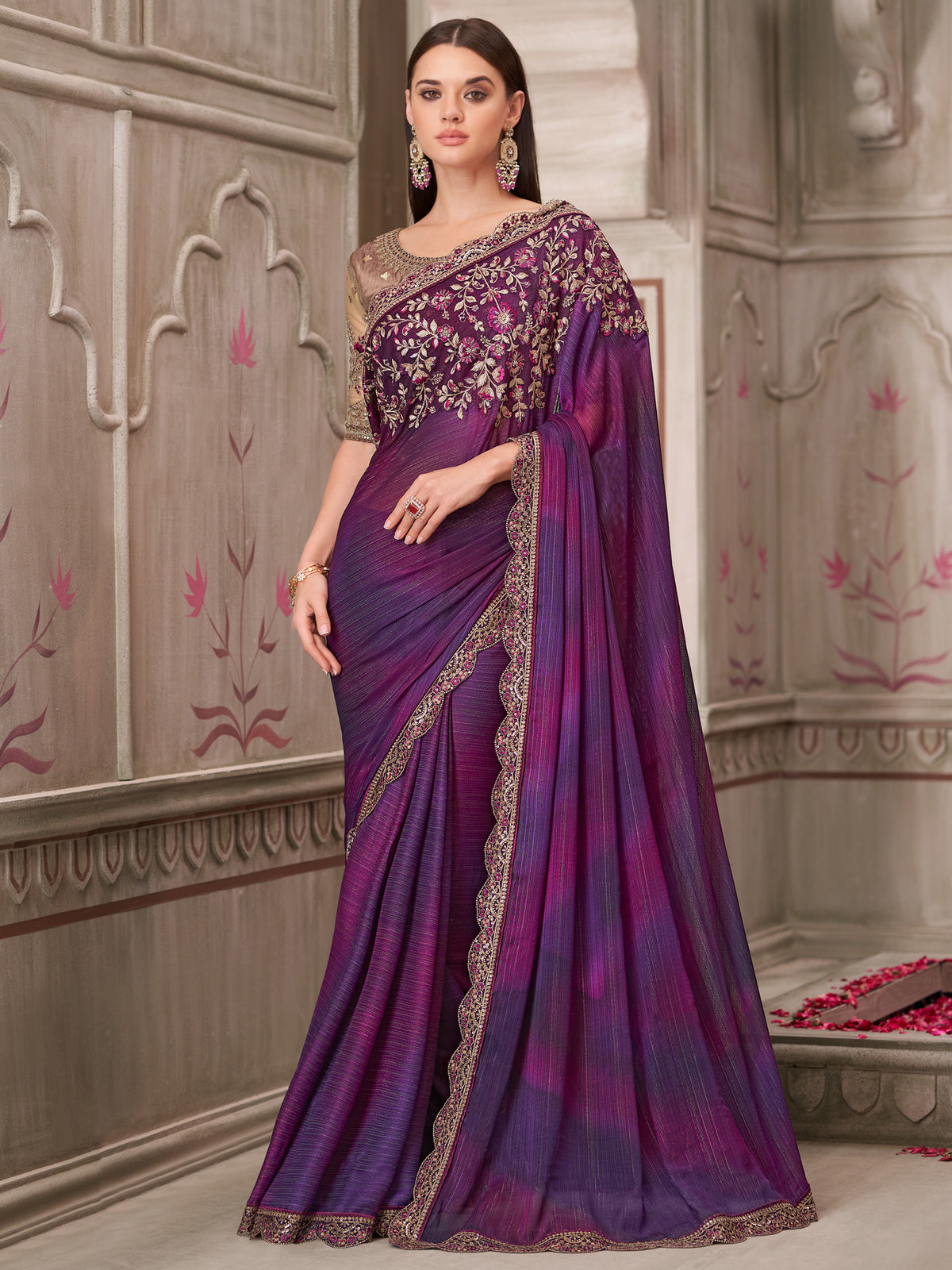 Naari - Women's Pure Georgette Purple Embellished Designer Saree With Blouse Piece