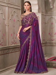 Naari - Women's Pure Georgette Purple Embellished Designer Saree With Blouse Piece