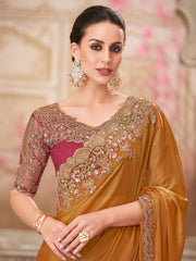 Women's Pure Chiffon Mustard Embellished Designer Saree With Blouse Piece
