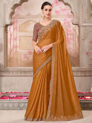 Women's Pure Chiffon Mustard Embellished Designer Saree With Blouse Piece