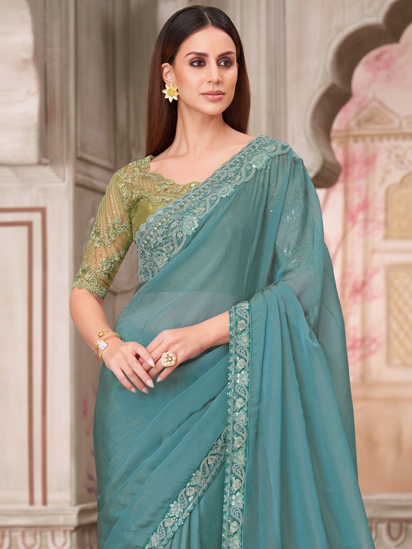 Women's Pure Georgette Turquoise Embellished Designer Saree With Blouse Piece