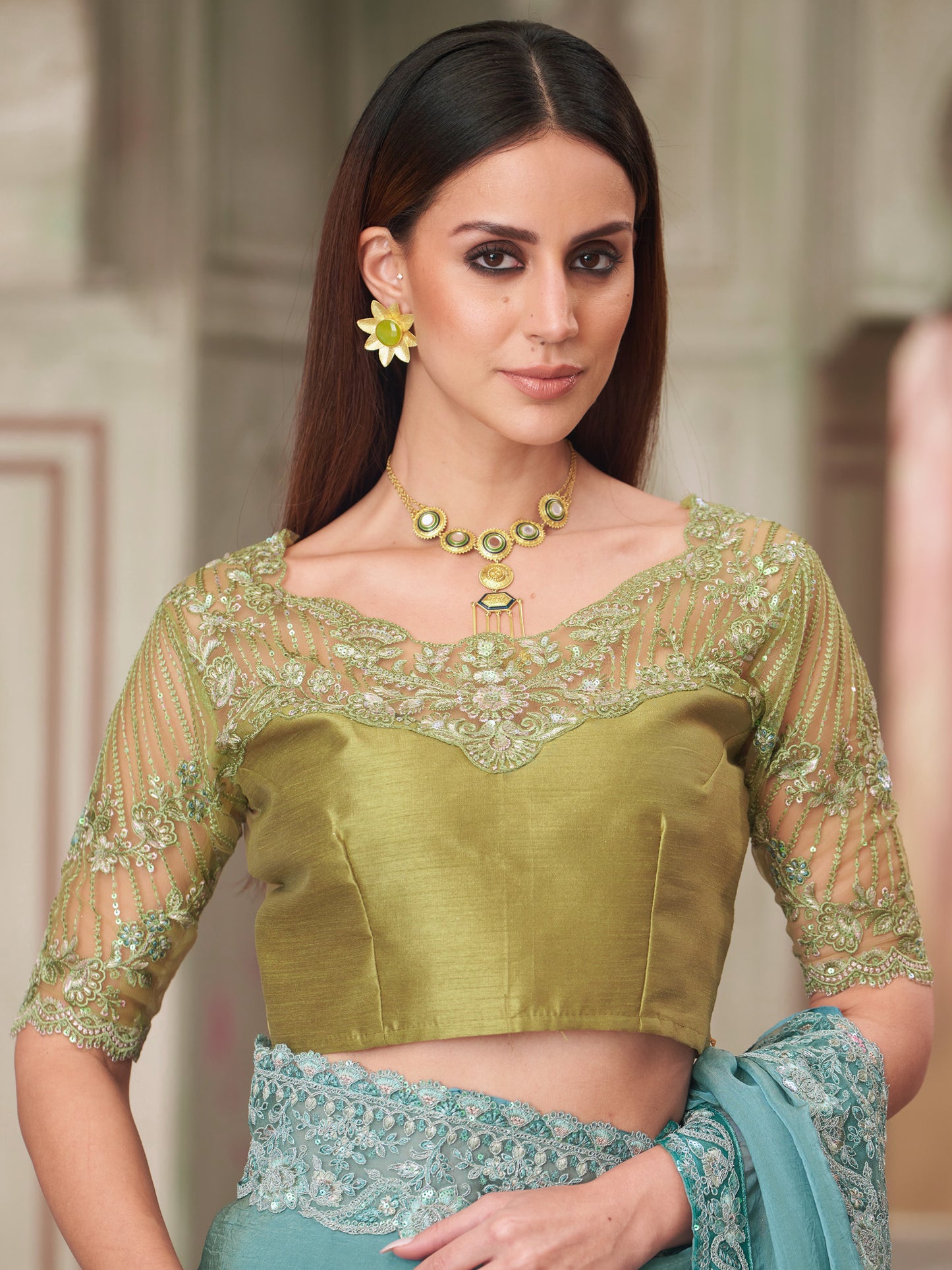 Women's Pure Georgette Turquoise Embellished Designer Saree With Blouse Piece