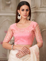 Naari - Women's Satin Silk Off White Embellished Designer Saree With Blouse Piece
