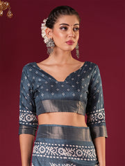 Women's Silk Blend Blue Printed Designer Saree With Blouse Piece