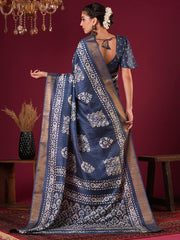 Women's Silk Blend Teal blue Printed Designer Saree With Blouse Piece
