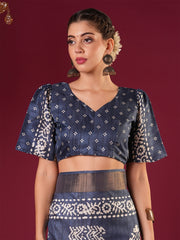 Women's Silk Blend Teal blue Printed Designer Saree With Blouse Piece