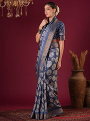 Women's Silk Blend Blue Printed Designer Saree With Blouse Piece