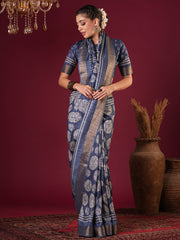 Women's Silk Blend Blue Printed Designer Saree With Blouse Piece