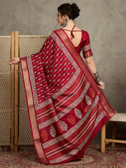 Women's Silk Blend Red Printed Designer Saree With Blouse Piece