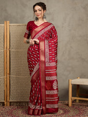 Women's Silk Blend Red Printed Designer Saree With Blouse Piece
