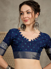 Women's Silk Blend Navy Blue Printed Designer Saree With Blouse Piece