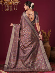 ساري نسائي مطبوع باللون الموف مصنوع من مزيج الحرير، مع قطعة بلوزة