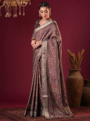 ساري نسائي مطبوع باللون الموف مصنوع من مزيج الحرير، مع قطعة بلوزة