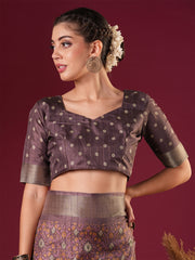 ساري نسائي مطبوع باللون الموف مصنوع من مزيج الحرير، مع قطعة بلوزة