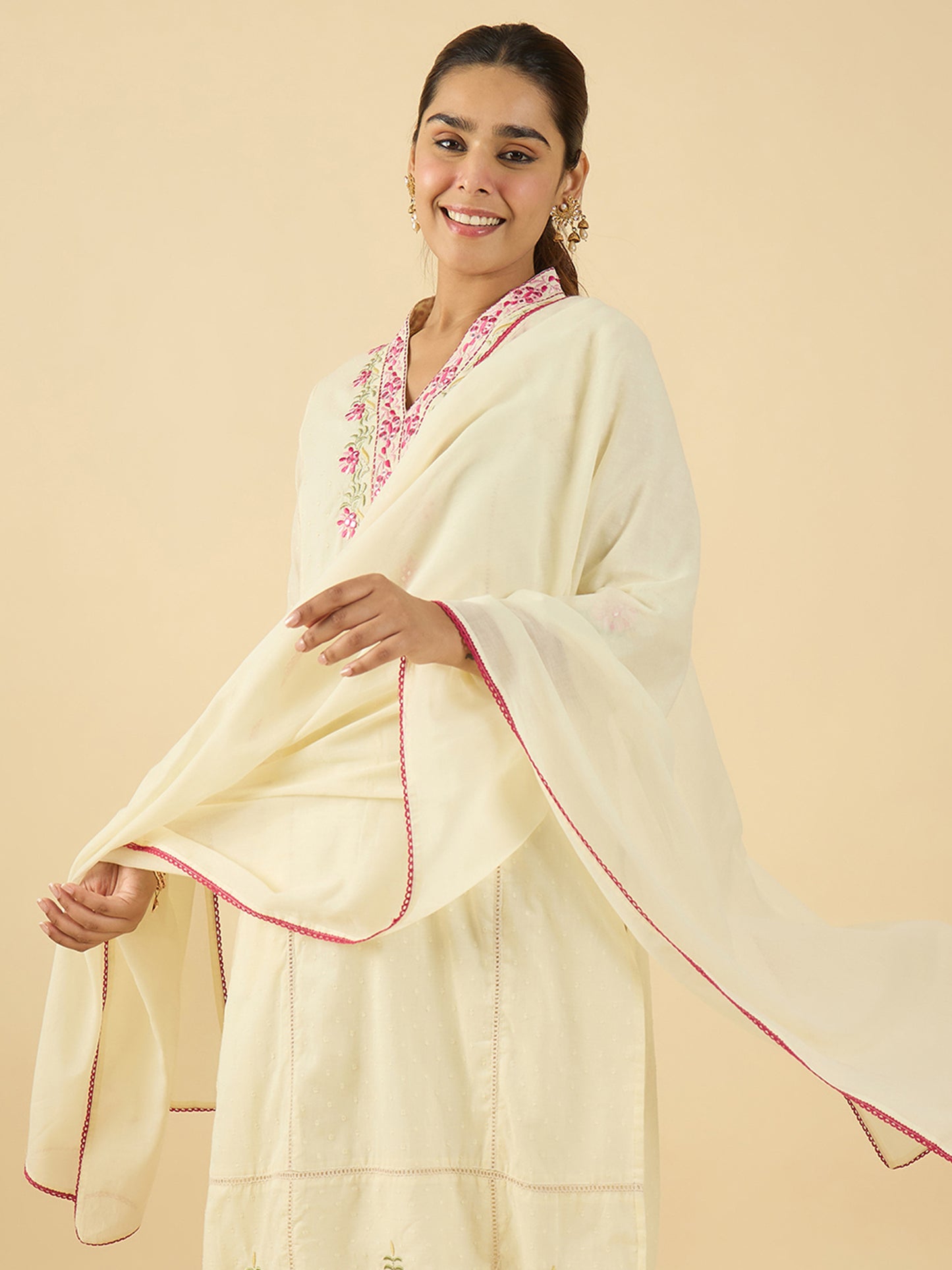 Off White Embroidered Straight Kurta Trousers With Dupatta Set