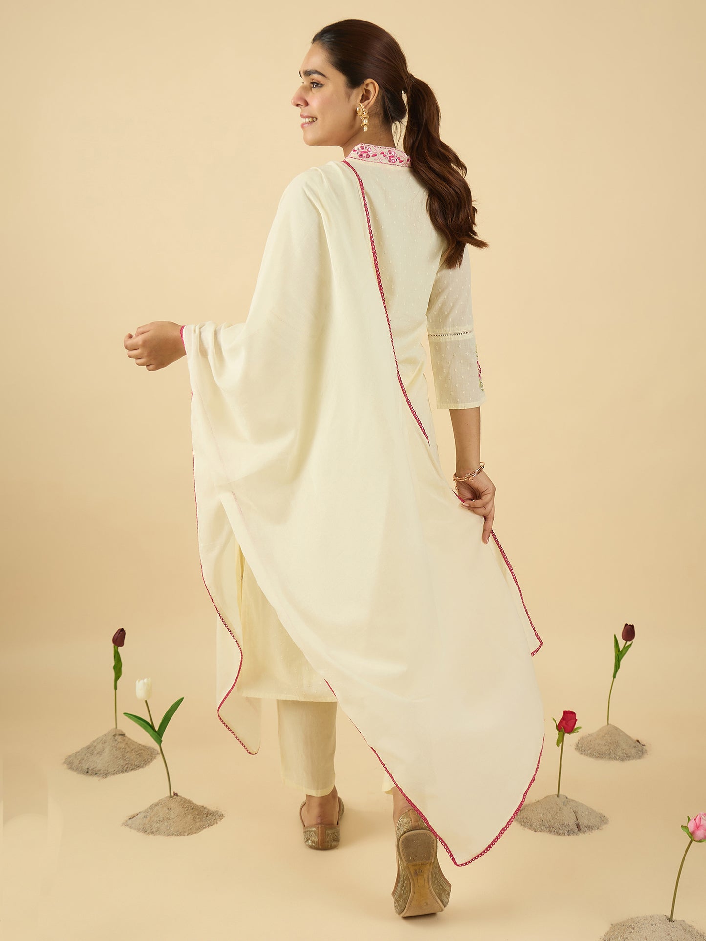 Off White Embroidered Straight Kurta Trousers With Dupatta Set