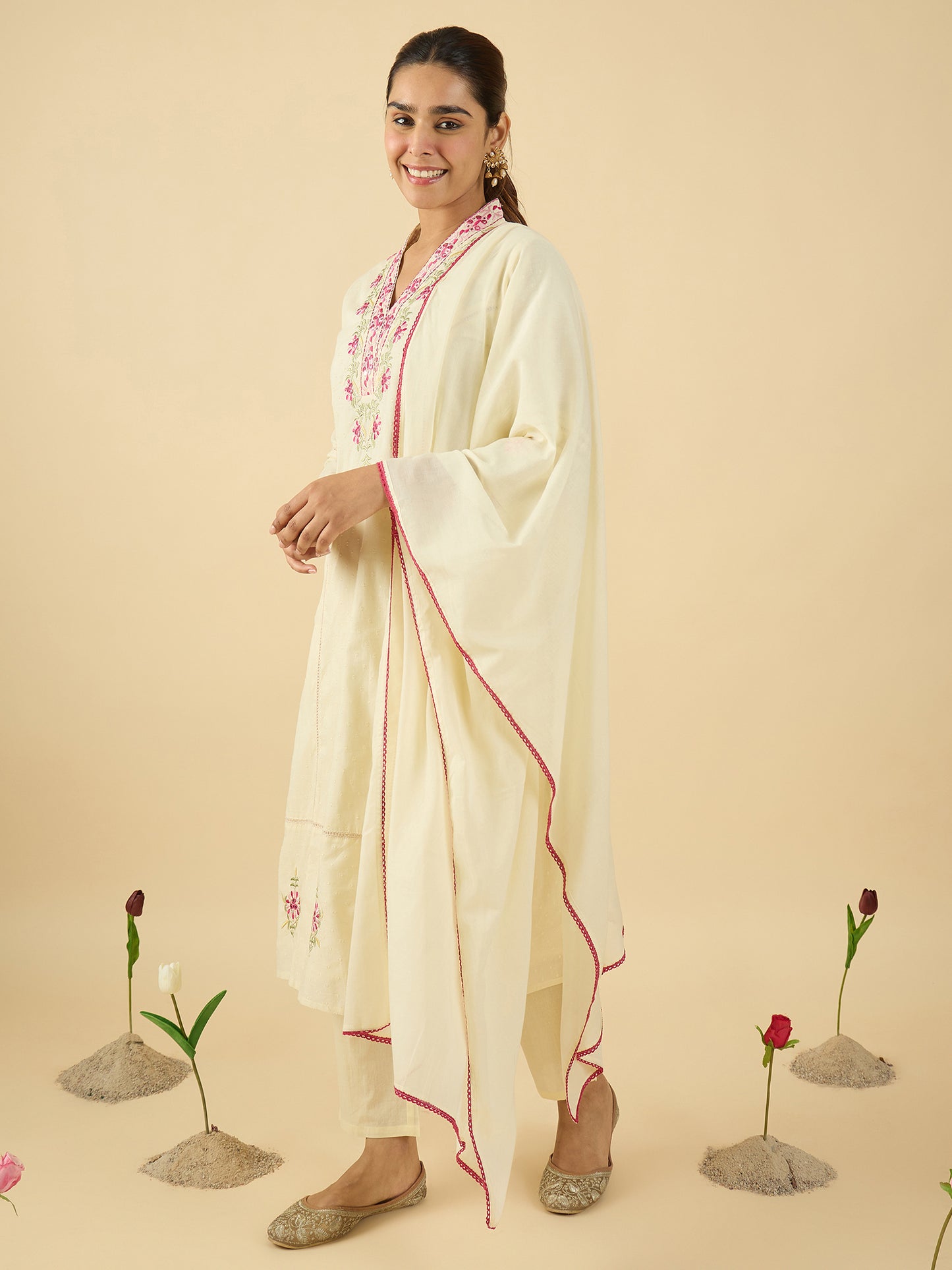 Off White Embroidered Straight Kurta Trousers With Dupatta Set