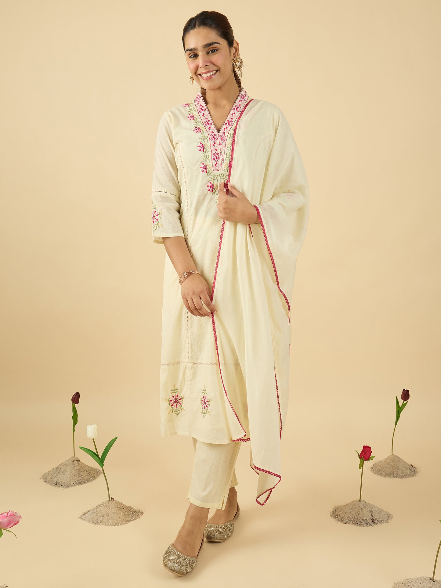 Off White Embroidered Straight Kurta Trousers With Dupatta Set