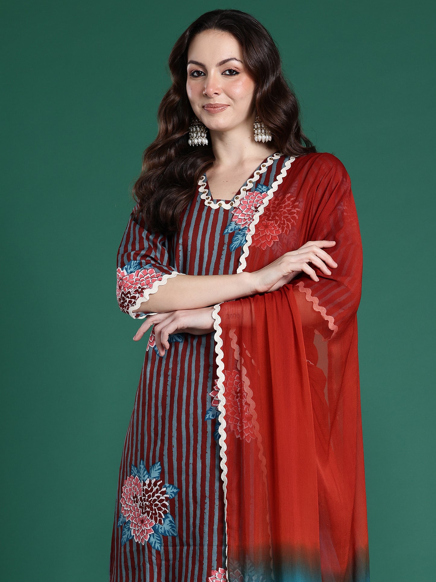 Multi Printed Straight Kurta Trousers With Dupatta Set