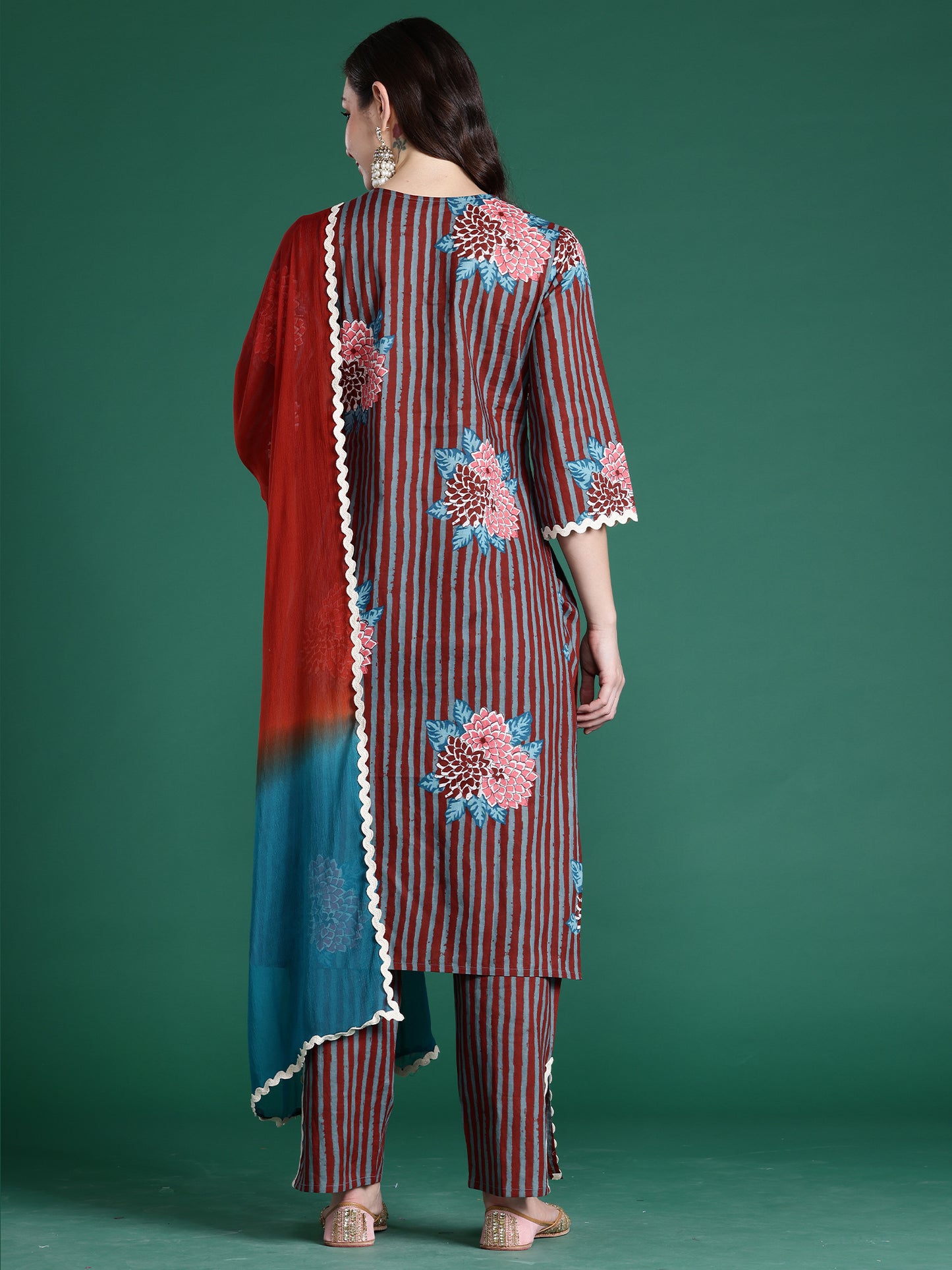Multi Printed Straight Kurta Trousers With Dupatta Set