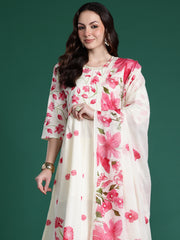 Off White Printed A-Line Kurta Trousers With Dupatta Set