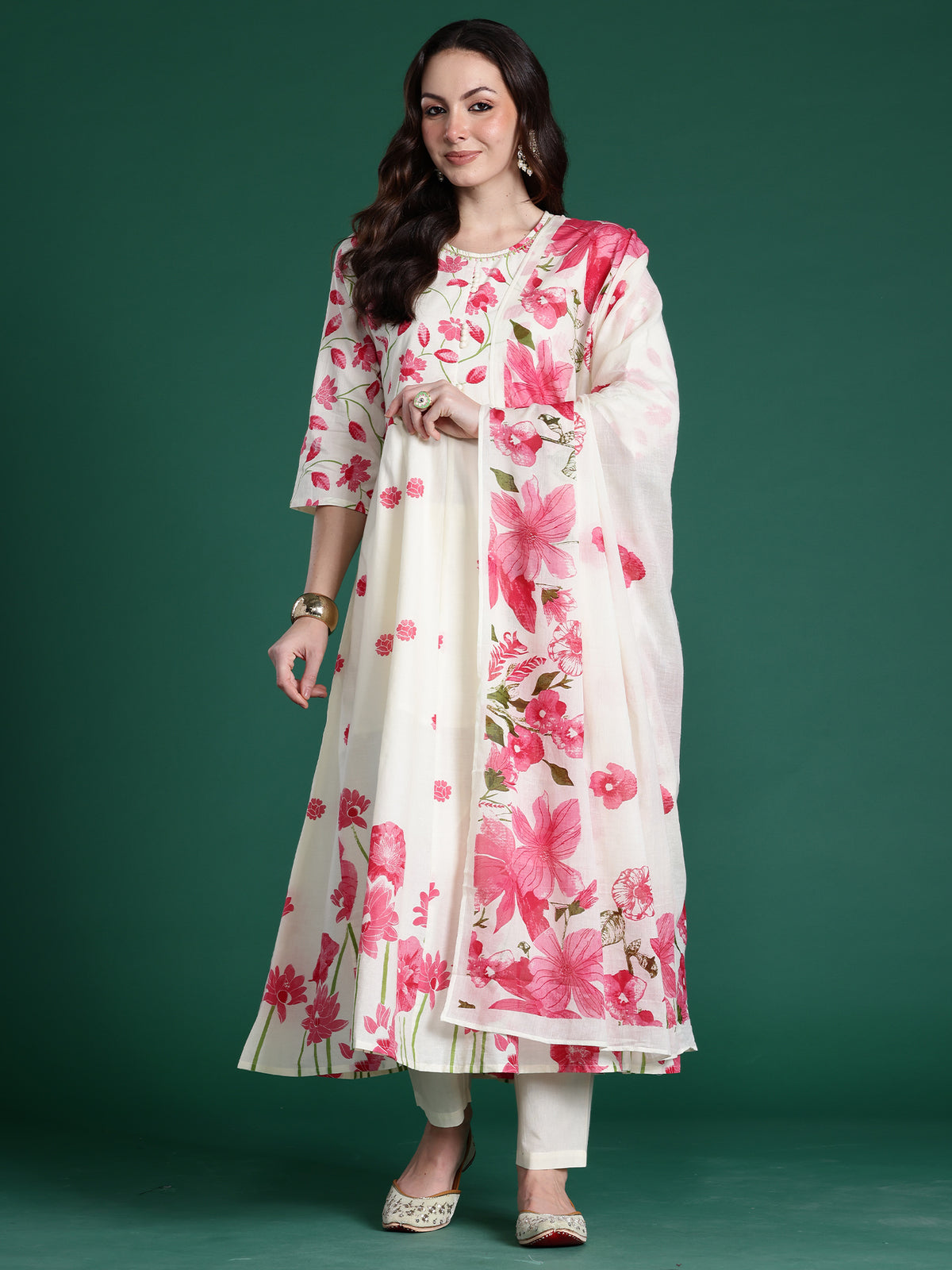 Off White Printed A-Line Kurta Trousers With Dupatta Set